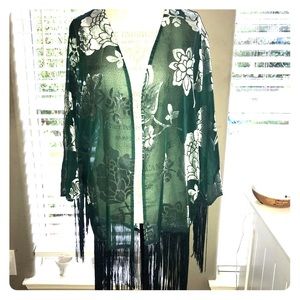 Green Fringe Floral Kimono